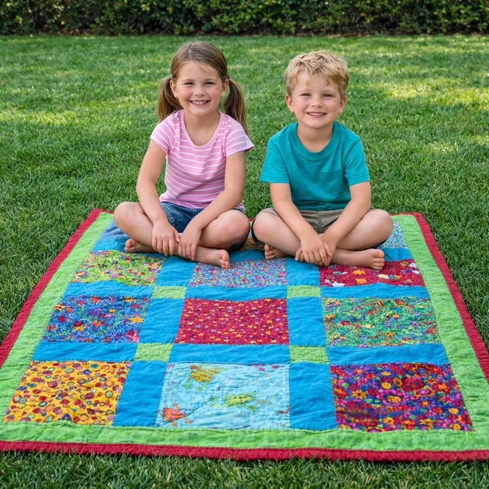Colorful Patchwork Quilt 34”x44” Cotton Throw Picnic Beach Blanket